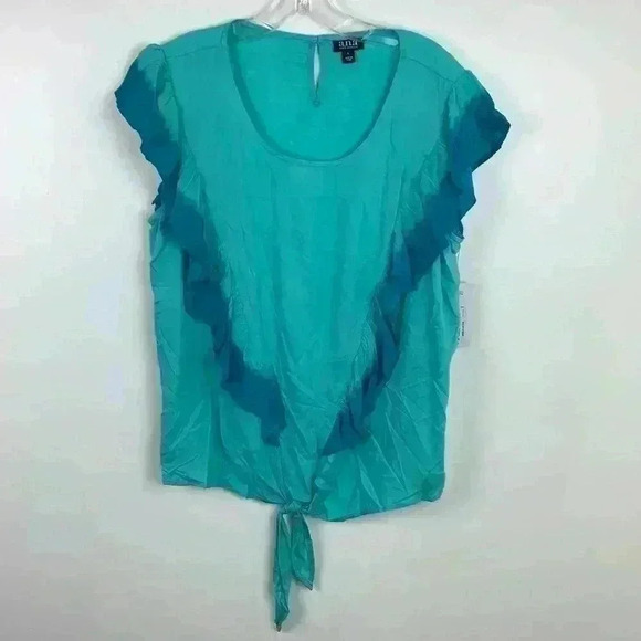 🆕nwt ana blouse w/ tie waist, teal w/ blue ruffle - Picture 1 of 10